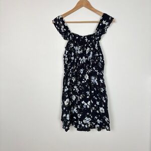 Hollister Womens Y2K Smocked Skort Dress Size L Navy Floral Cottagecore Pockets